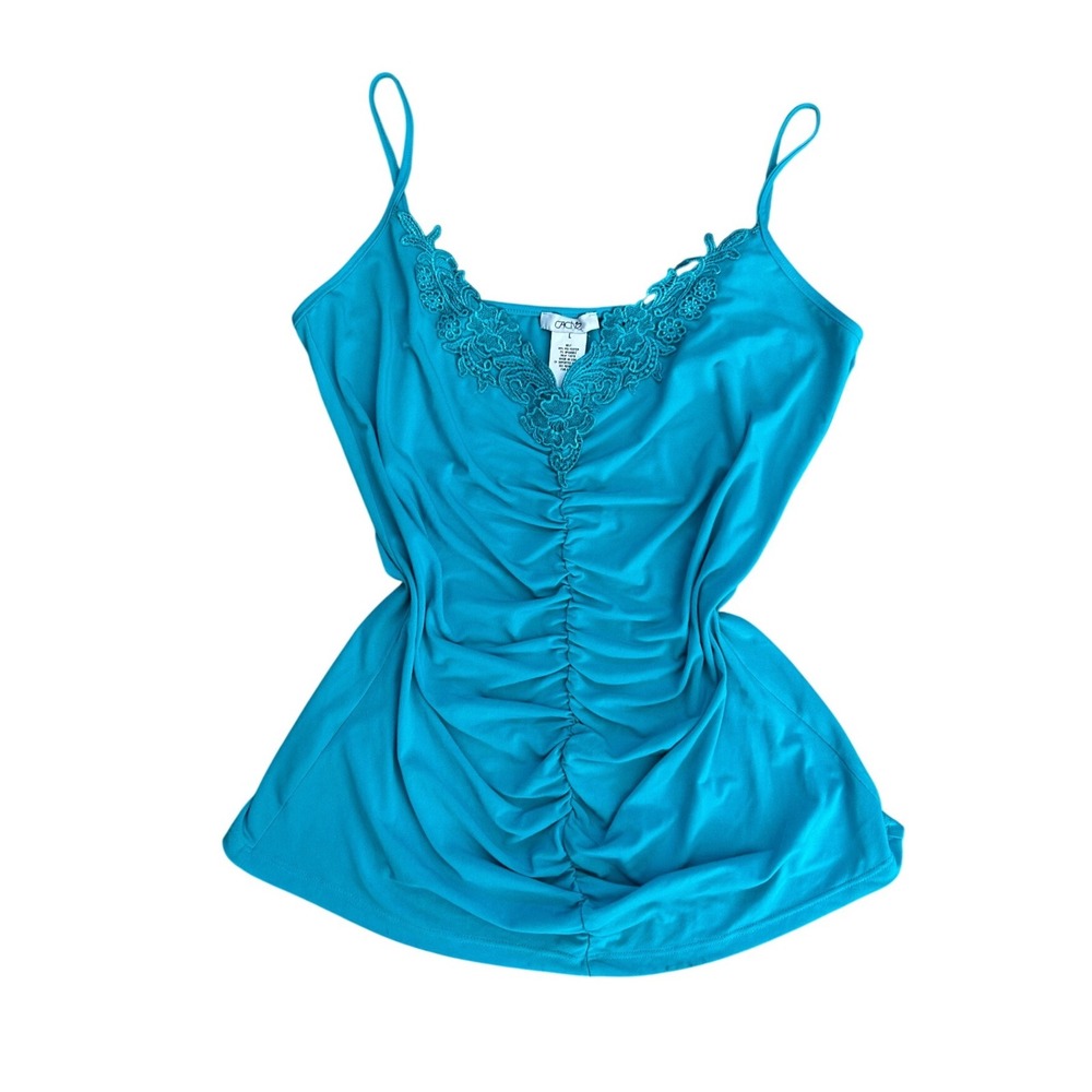 Vintage Cache Turquoise Blue Ruched Lace Trim Camisole Top Y2K Fairy L Going out